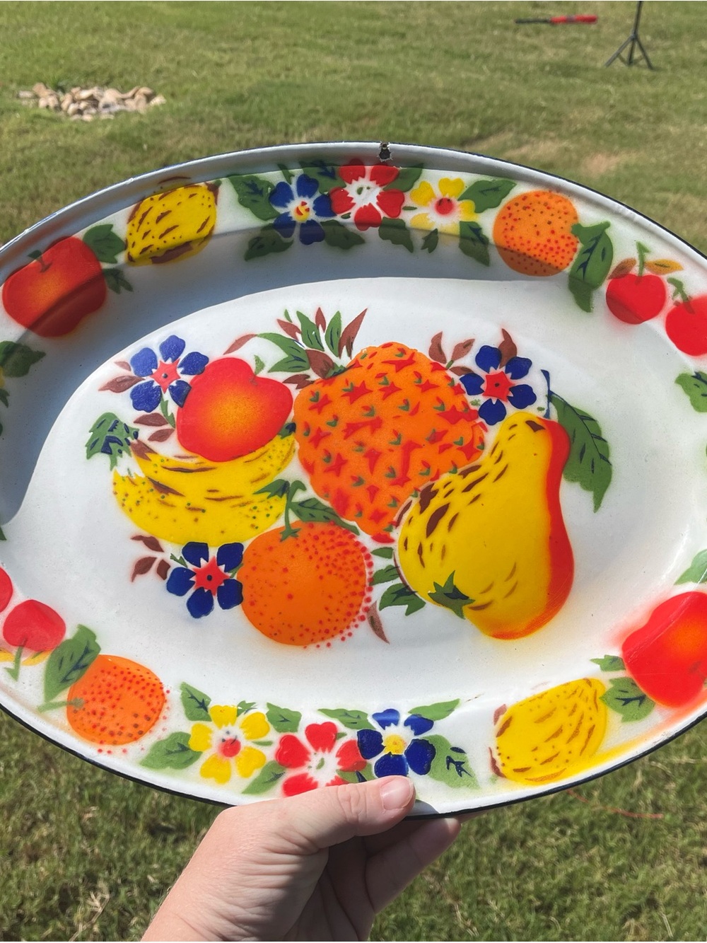 Vintage Fruit Pattern Enamel Serving Platter